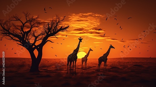 Giraffe shapes and a dead tree in front of a sunset. silhouette concept © HN Works