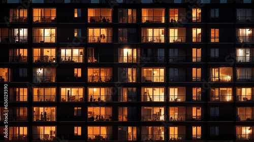 Lit windows of tall apartment building at night Urban backdrop. silhouette concept