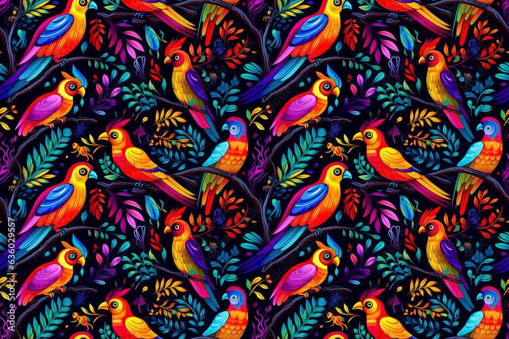 Birds alebrije folk art seamless texture, tiling pattern, wallpaper