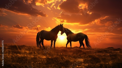 Horses on the field at sunset. silhouette concept
