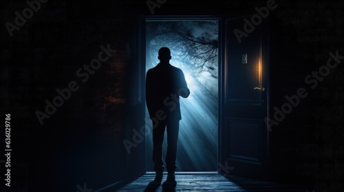 Unseen adult male lurking behind the door. silhouette concept