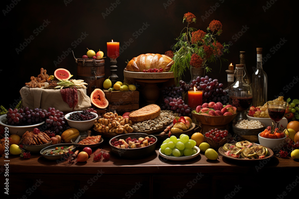 Still life of delicious food in plates on table. Grapes, corn, herbs, nuts, turkey, cheese, wine, meat, vegetables and fruits on  dark moody background. Harvest concept. Happy Thanksgiving