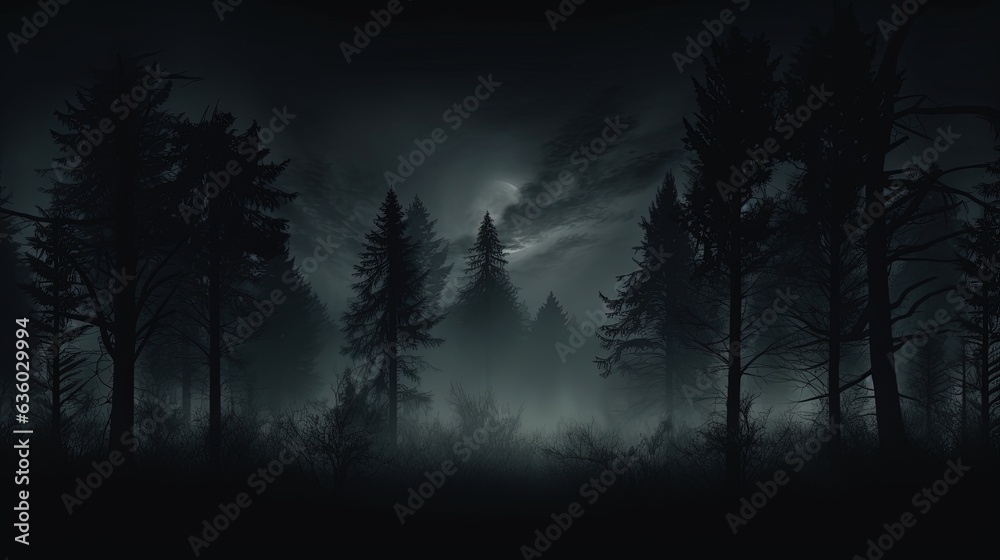 Forest trees seen as dark silhouettes