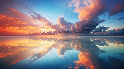 Leinwandbilder Aubergine Stunning sight of cloud filled sky reflecting in tropical sea at sunrise or sunset. silhouette concept  © HN Works