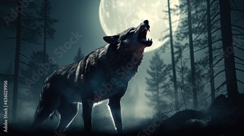 Fotografia Wolf howling at full moon in eerie fog Halloween horror theme