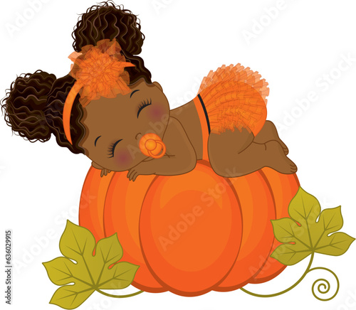 Vector Cute Little African American Baby Girl Wearing Orange Ruffled Diaper Sleeping on Pumpkin