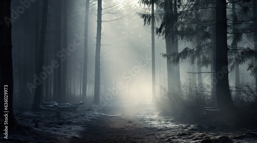 Fog covering snowy forest. silhouette concept