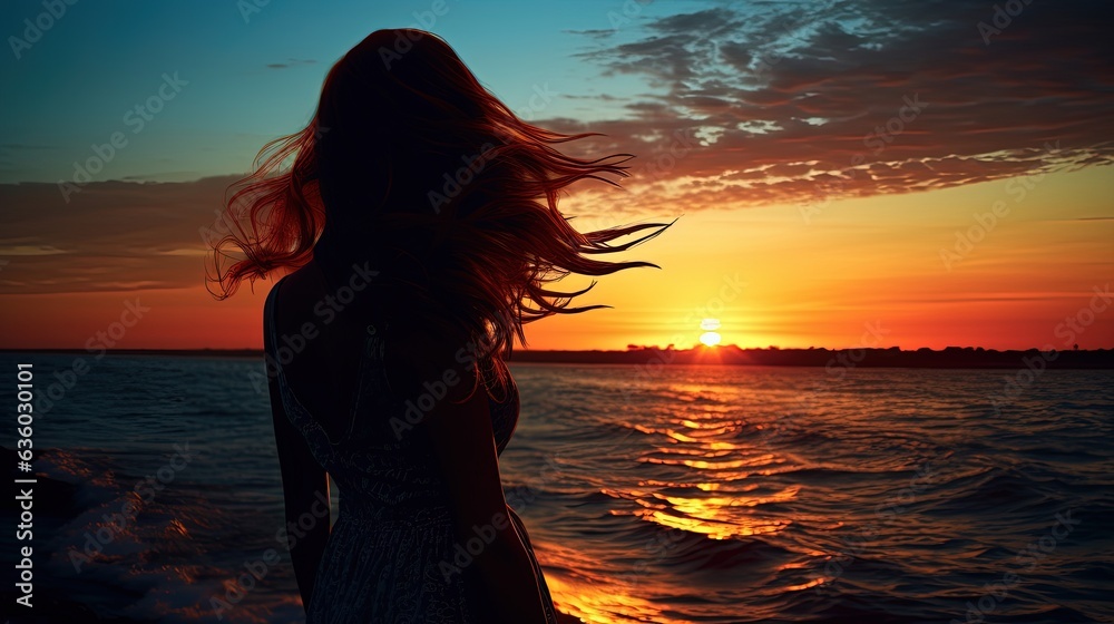 Girl s silhouette against sea and sunset