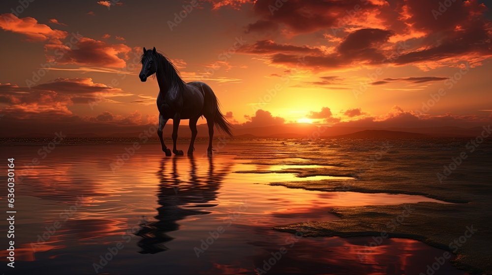 Horizon with equine companion. silhouette concept Horizon with equine companion. silhouette concept