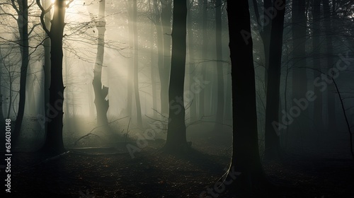 Enigmatic forest at dawn. silhouette concept