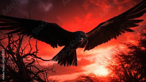 In flight a male frigatebird with a red poach in Ecuador s Galapagos National Park. silhouette concept © HN Works