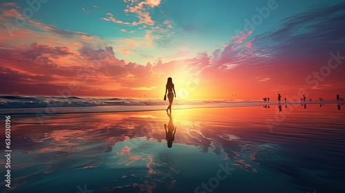 A girl captures surfers riding waves against a scenic backdrop of colorful sky and water. silhouette concept