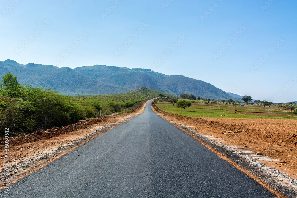 Desolate and empty asphalt road with bushes and a mountain range near Mysore, India.
