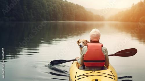 Billede på lærred Woman in her 30s in a kayak with her dog