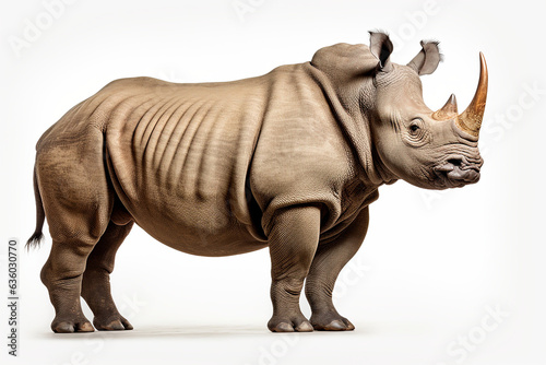Rhino isolated on a white background. Animal right side view portrait.