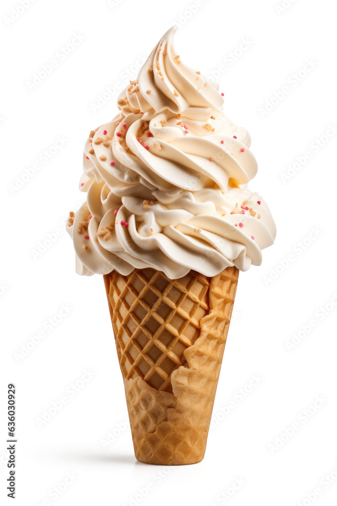 Naklejka premium Soft serve ice cream cone with sprinkles and shadow isolated on pure white background. Pixel precise work (clipping) path (without shadow) available