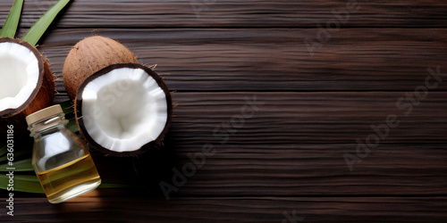 Fresh coconuts and coconut oil in a bottle on wooden table with copy space, ai generated