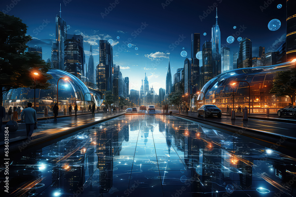 Naklejka premium Futuristic smart city with interconnected infrastructure, envisioning a technologically advanced urban environment. Generative Ai.