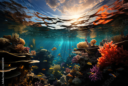 Obraz na płótnie An underwater ecosystem teeming with vibrant marine life, emphasizing the beauty and importance of marine biodiversity