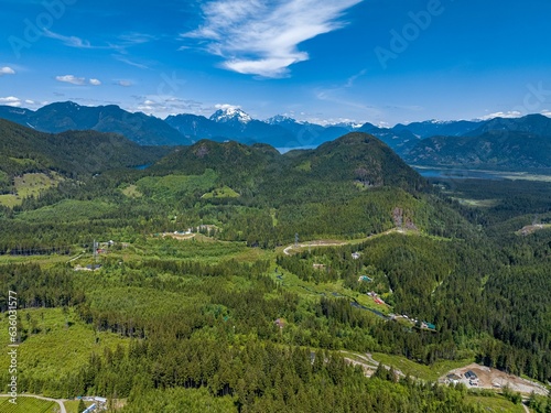 Aerial view of a breathtaking natural landscape, featuring a lush green valley in Mission, Canada