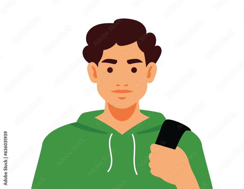 School boy. Cute teenage student with a backpack on his back. Boy with brown hair, white skin and a smile. Modern vector illustration of child who is studying at school or college. Isolated