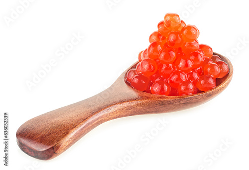 Red salted Salmon caviar in wooden spoon isolated on a white background