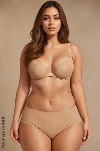 a beautiful girl in beige underwear poses for an advertisement