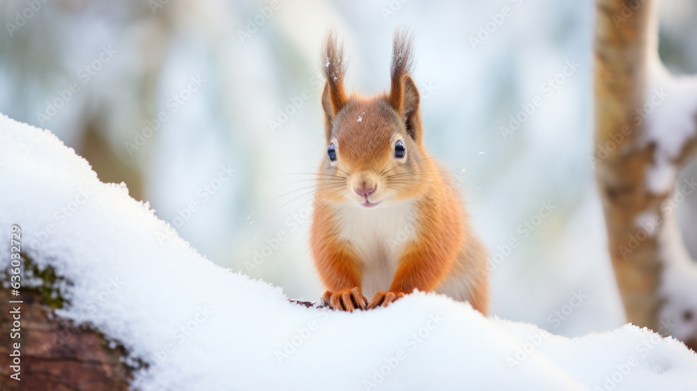 Red squirrel in snow against blurred winter forest trees in the background. Red squirrel in snow against blurred winter forest trees in the background.