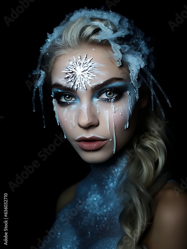 Portrait of a Blonde Woman with Creative Winter Snowflake Makeup, Crying Frozen Tears, Snow Queen or Ice Witch Costume