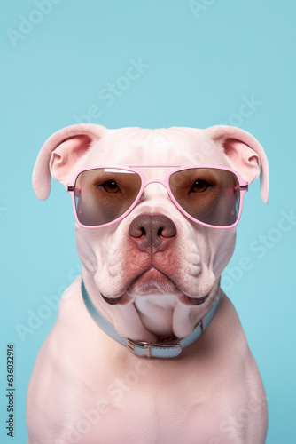 Staffordshire Terrier dog with sunglasses on pastel background. © Firn