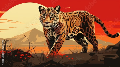 Leopard hunts against the background of the sun, minimalistic banner illustration with copy space. a kind of panther is a species of predatory mammals. Spotted dangerous animal.