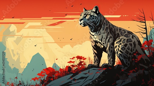 Leopard hunts against the background of the sun, minimalistic banner illustration with copy space. a kind of panther is a species of predatory mammals. Spotted dangerous animal.