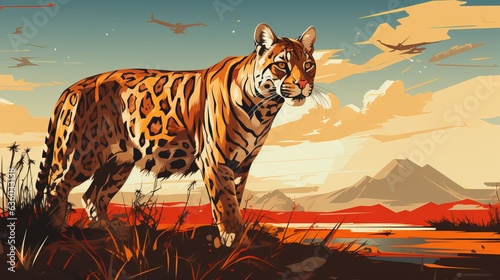 Leopard hunts against the background of the sun, minimalistic banner illustration with copy space. a kind of panther is a species of predatory mammals. Spotted dangerous animal.