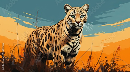 Leopard hunts against the background of the sun, minimalistic banner illustration with copy space. a kind of panther is a species of predatory mammals. Spotted dangerous animal.