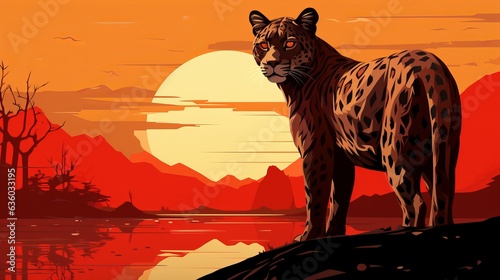 Leopard hunts against the background of the sun, minimalistic banner illustration with copy space. a kind of panther is a species of predatory mammals. Spotted dangerous animal.