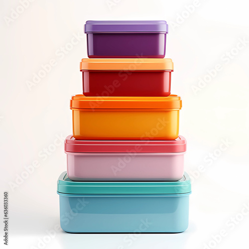 Stack of different plastic boxes on white background