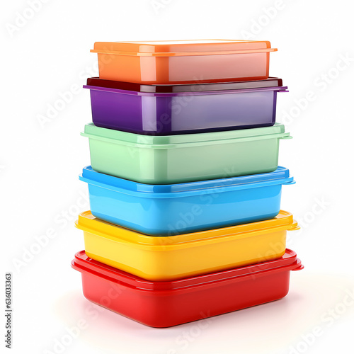 Stack of different plastic boxes on white background