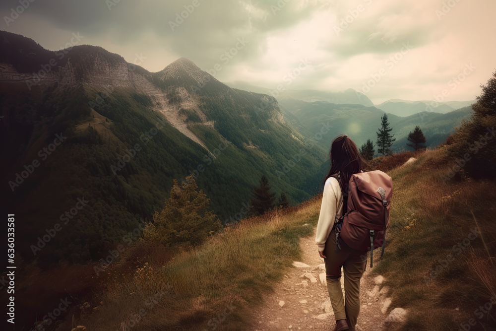 Obraz premium Young woman in her 20' hiking in the mountain