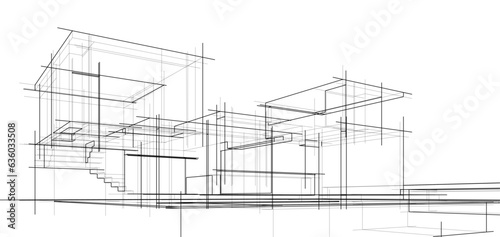 Architectural sketch of a building 3d illustration