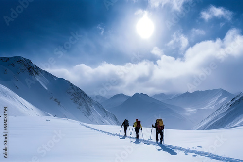 Winter Expedition: Three Adventurous Mountaineers Trekking Through Snowy Mountains, ai generative