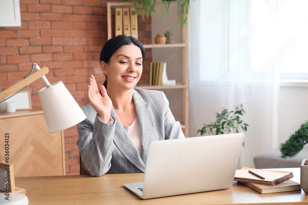 Beautiful woman having job interview online at home Beautiful woman having job interview online at home