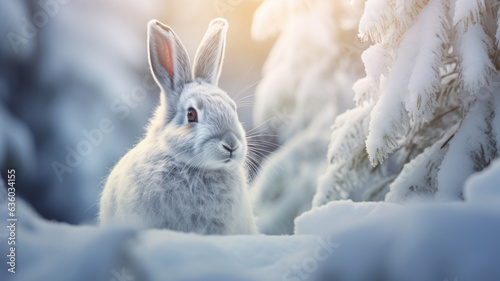 Mountain hare in white fur or pelage. Snowy winter landscape. photo