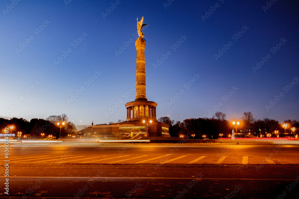 The Berlin Siegessaeule (Victory Column) in Tiergarten park, seen at night.