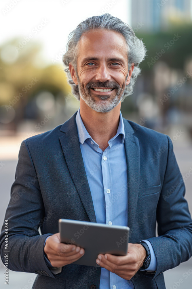 Generative AI illustration of middle aged businessman in elegant suit smiling and looking at camera holding a tablet while standing on city street