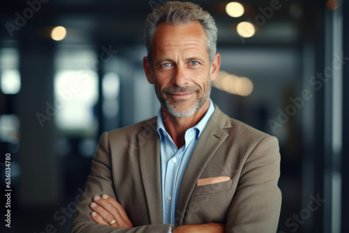 Generative AI illustration of positive senior male entrepreneur in formal wear standing with folded arms in modern office while looking at camera photo