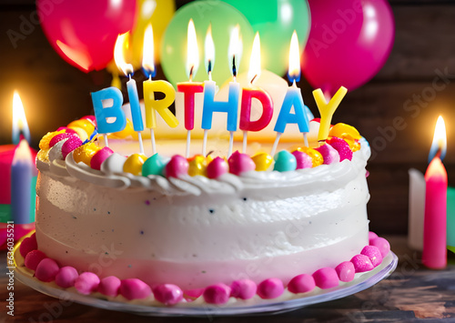 A birthday cake adorned with vibrant decorations  featuring colorful  Happy Birthday  lettering and burning candles  accompanied by colorful balloons in the background.
