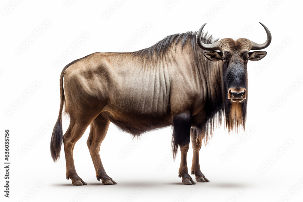 Wildebeest isolated on a white background. Animal right side view portrait.