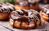 Pastries concept. donuts with chocolate glaze on white wooden table blurry background