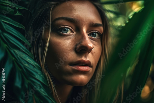 Close-up of the head of a pretty woman emerging from palm leaves in the jungle, fashion and beauty concept, cute woman face. Generative AI.