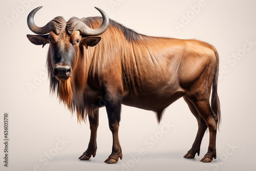 Wildebeest isolated on a white background. Animal left side view portrait.
